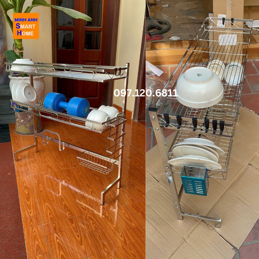 Hình ảnh thực tế kệ chén inox 2 tầng trên bồn rửa - Ảnh chụp từ phía trước và bên cạnh